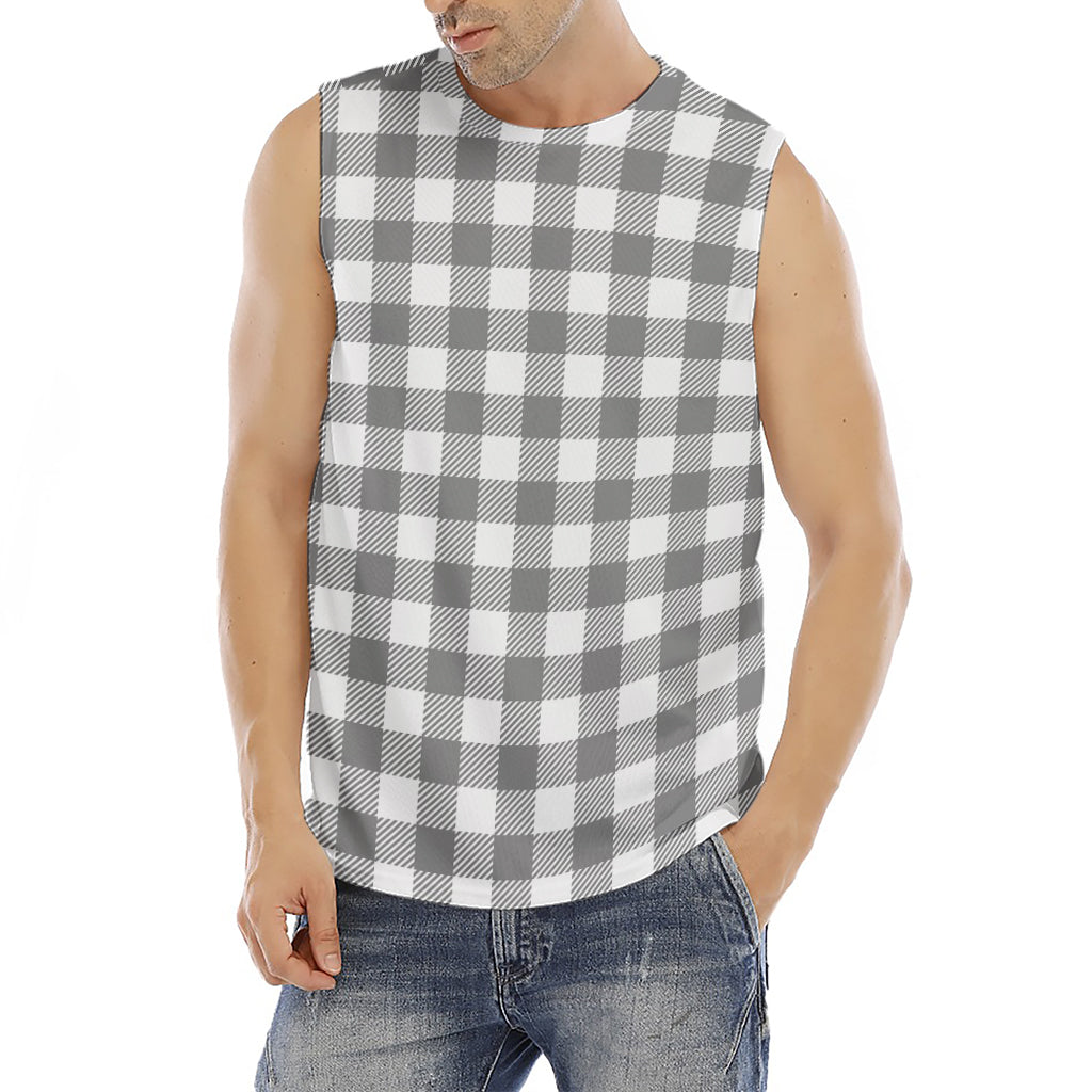Grey And White Gingham Pattern Print Men's Fitness Tank Top