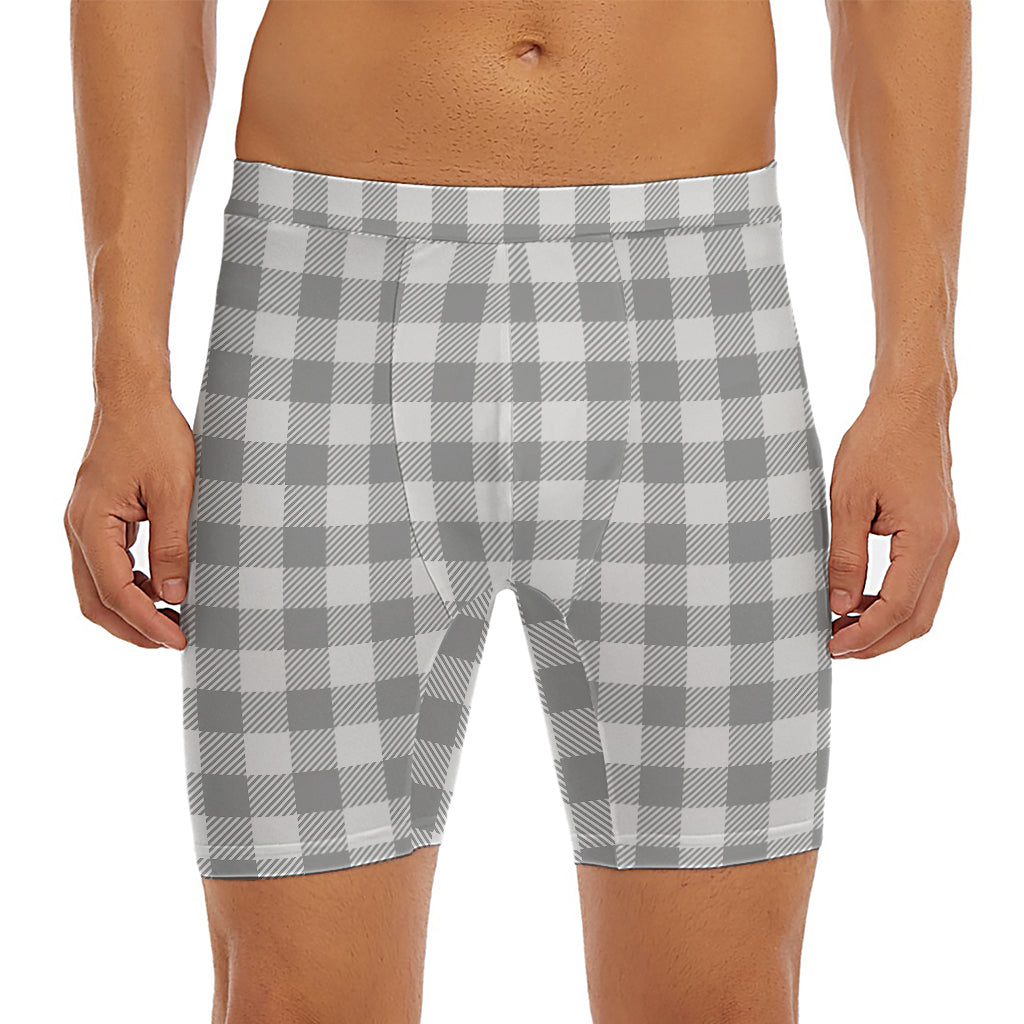 Grey And White Gingham Pattern Print Men's Long Boxer Briefs