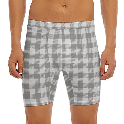 Grey And White Gingham Pattern Print Men's Long Boxer Briefs