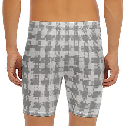 Grey And White Gingham Pattern Print Men's Long Boxer Briefs