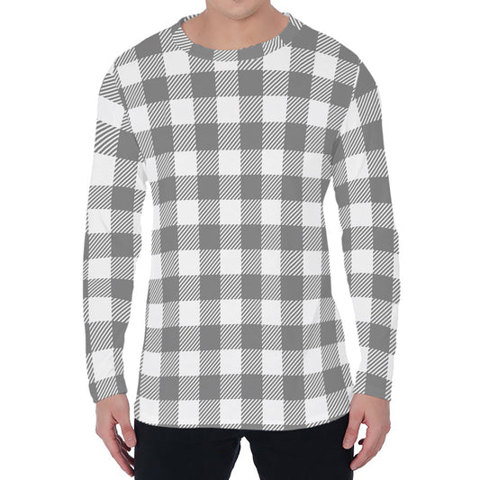 Grey And White Gingham Pattern Print Men's Long Sleeve T-Shirt