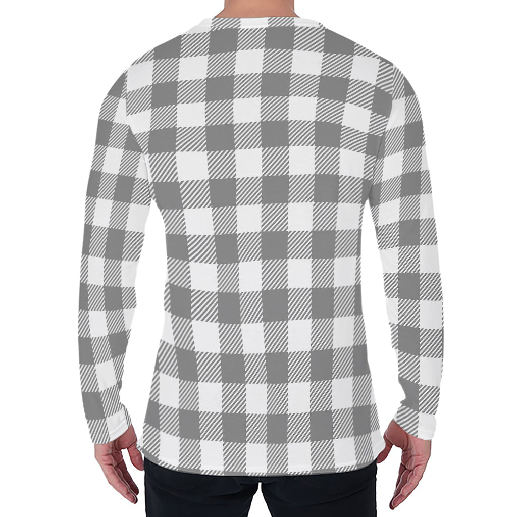 Grey And White Gingham Pattern Print Men's Long Sleeve T-Shirt