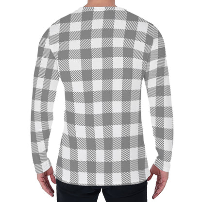 Grey And White Gingham Pattern Print Men's Long Sleeve T-Shirt