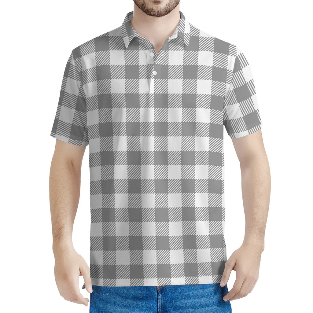 Grey And White Gingham Pattern Print Men's Polo Shirt