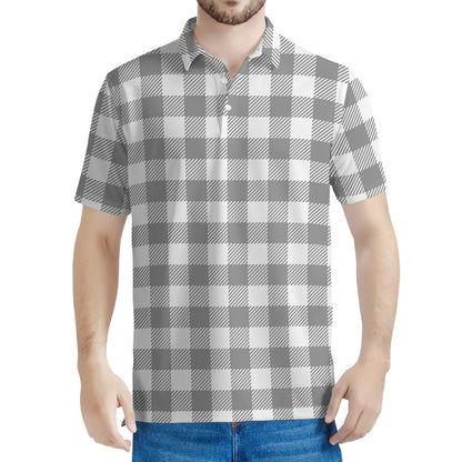 Grey And White Gingham Pattern Print Men's Polo Shirt
