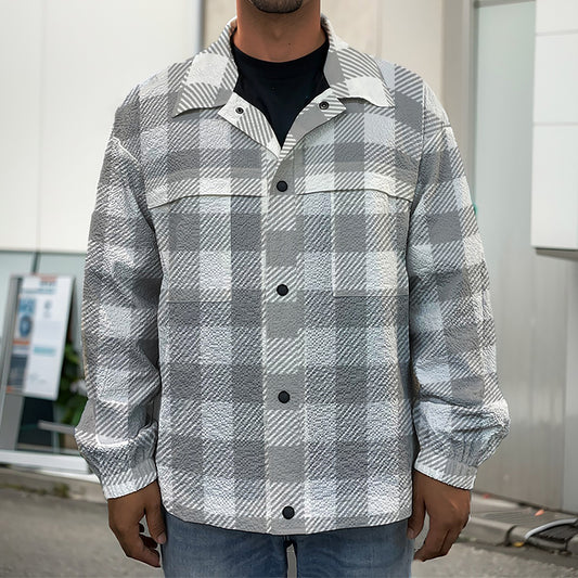 Grey And White Gingham Pattern Print Men's Shirt Jacket