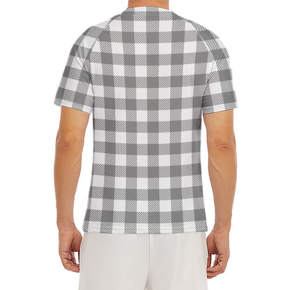 Grey And White Gingham Pattern Print Men's Short Sleeve Rash Guard
