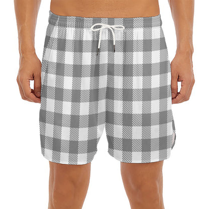 Grey And White Gingham Pattern Print Men's Split Running Shorts