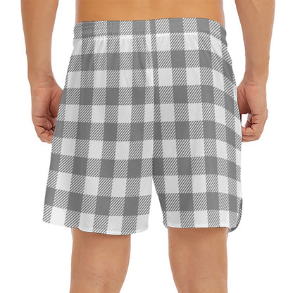 Grey And White Gingham Pattern Print Men's Split Running Shorts