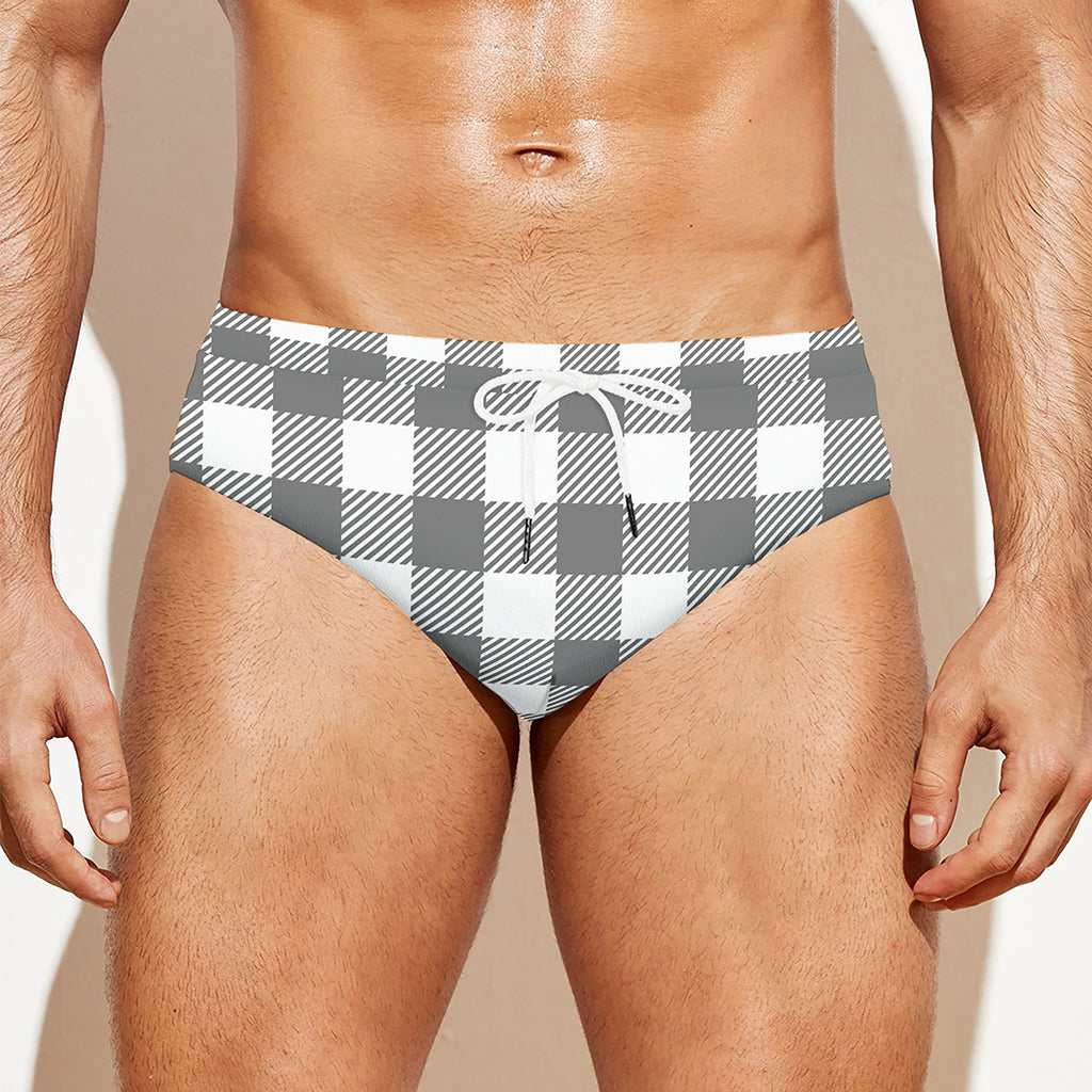 Grey And White Gingham Pattern Print Men's Swim Briefs