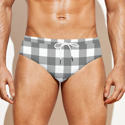 Grey And White Gingham Pattern Print Men's Swim Briefs