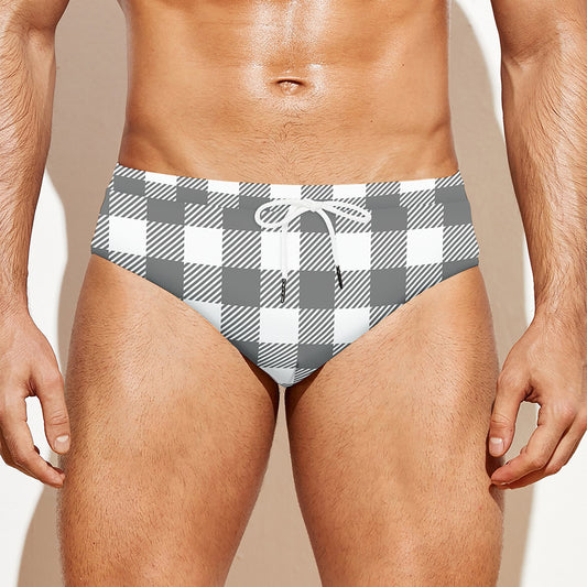Grey And White Gingham Pattern Print Men's Swim Briefs