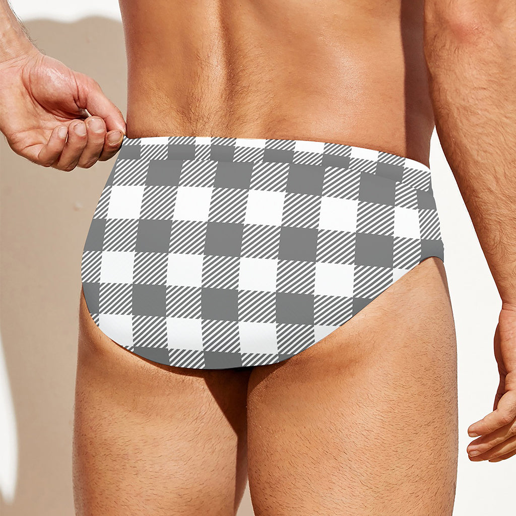 Grey And White Gingham Pattern Print Men's Swim Briefs