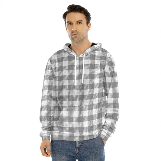 Grey And White Gingham Pattern Print Men's Velvet Pullover Hoodie