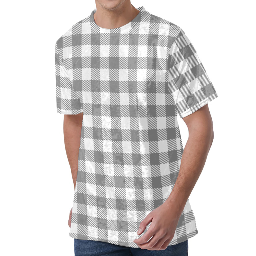 Grey And White Gingham Pattern Print Men's Velvet T-Shirt