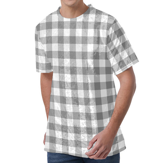 Grey And White Gingham Pattern Print Men's Velvet T-Shirt