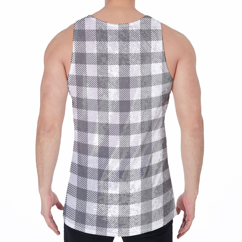Grey And White Gingham Pattern Print Men's Velvet Tank Top