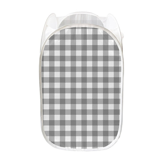 Grey And White Gingham Pattern Print Mesh Laundry Hamper
