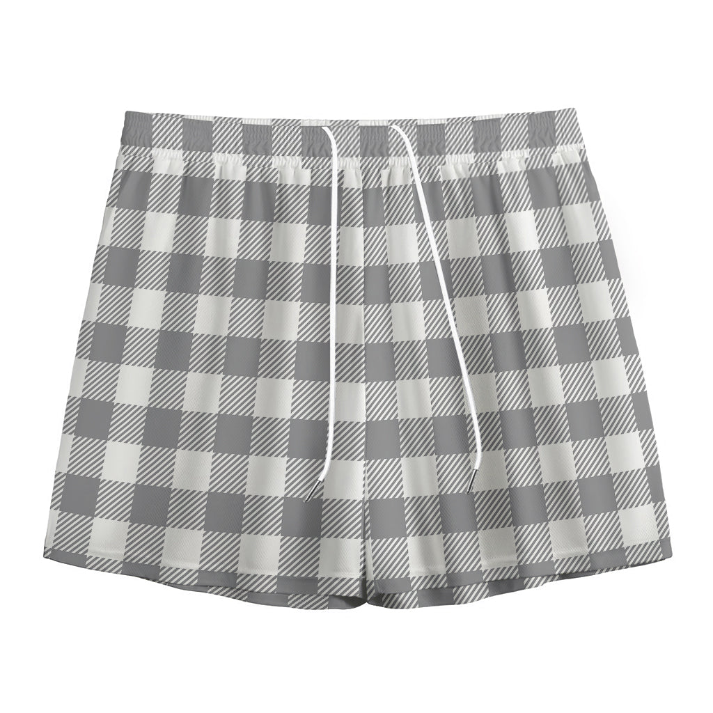 Grey And White Gingham Pattern Print Mesh Shorts