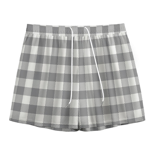 Grey And White Gingham Pattern Print Mesh Shorts