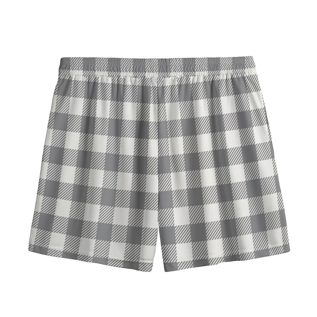 Grey And White Gingham Pattern Print Mesh Shorts