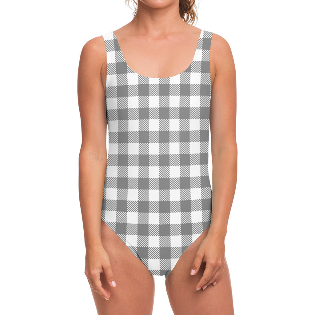 Grey And White Gingham Pattern Print One Piece Swimsuit