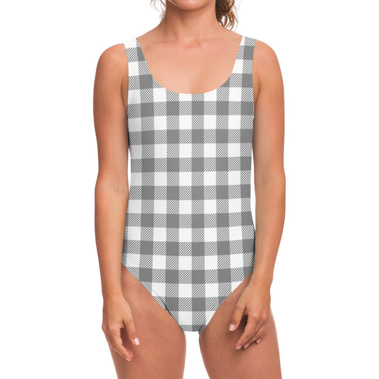 Grey And White Gingham Pattern Print One Piece Swimsuit
