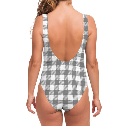 Grey And White Gingham Pattern Print One Piece Swimsuit