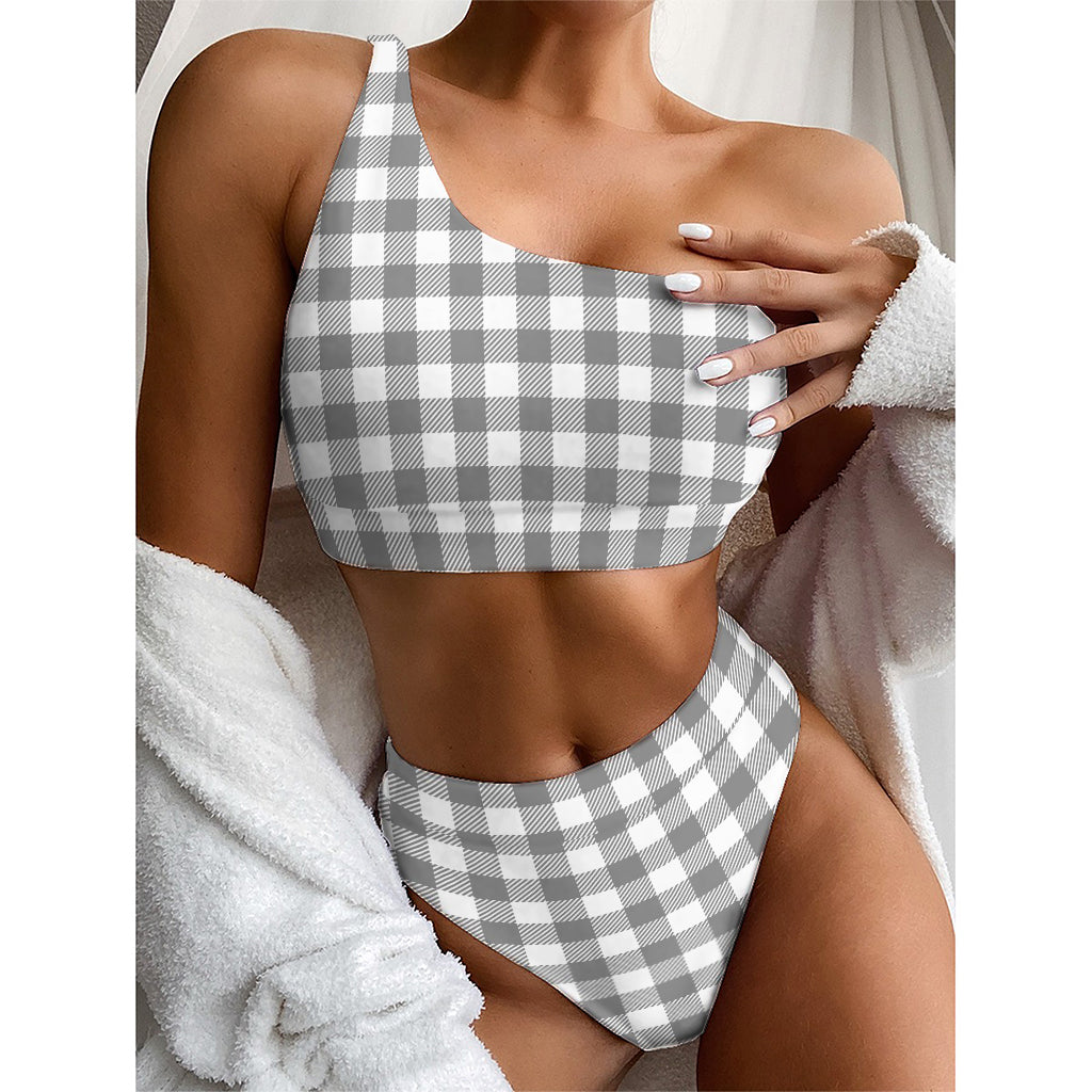 Grey And White Gingham Pattern Print One Shoulder Bikini Top