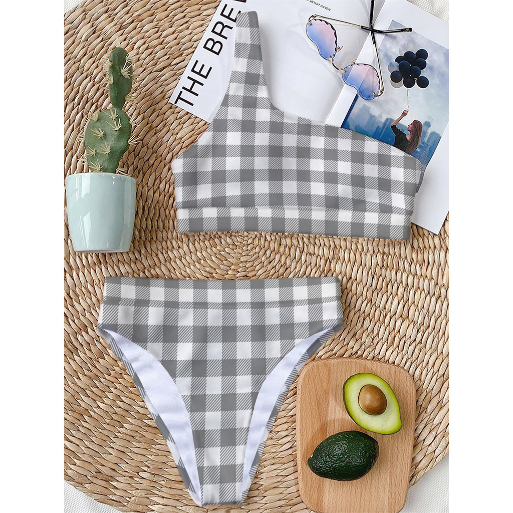 Grey And White Gingham Pattern Print One Shoulder Bikini Top