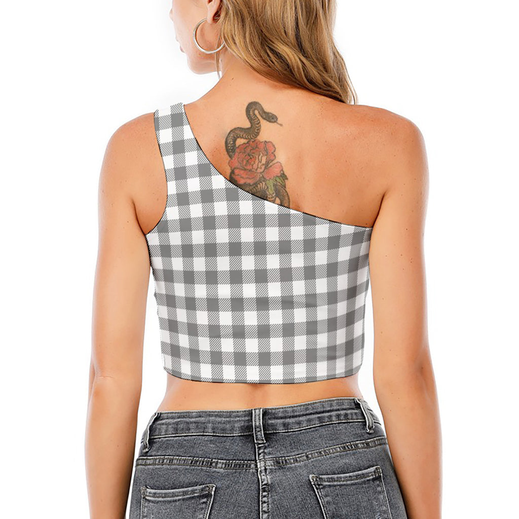 Grey And White Gingham Pattern Print One Shoulder Crop Top