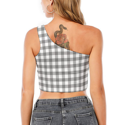 Grey And White Gingham Pattern Print One Shoulder Crop Top