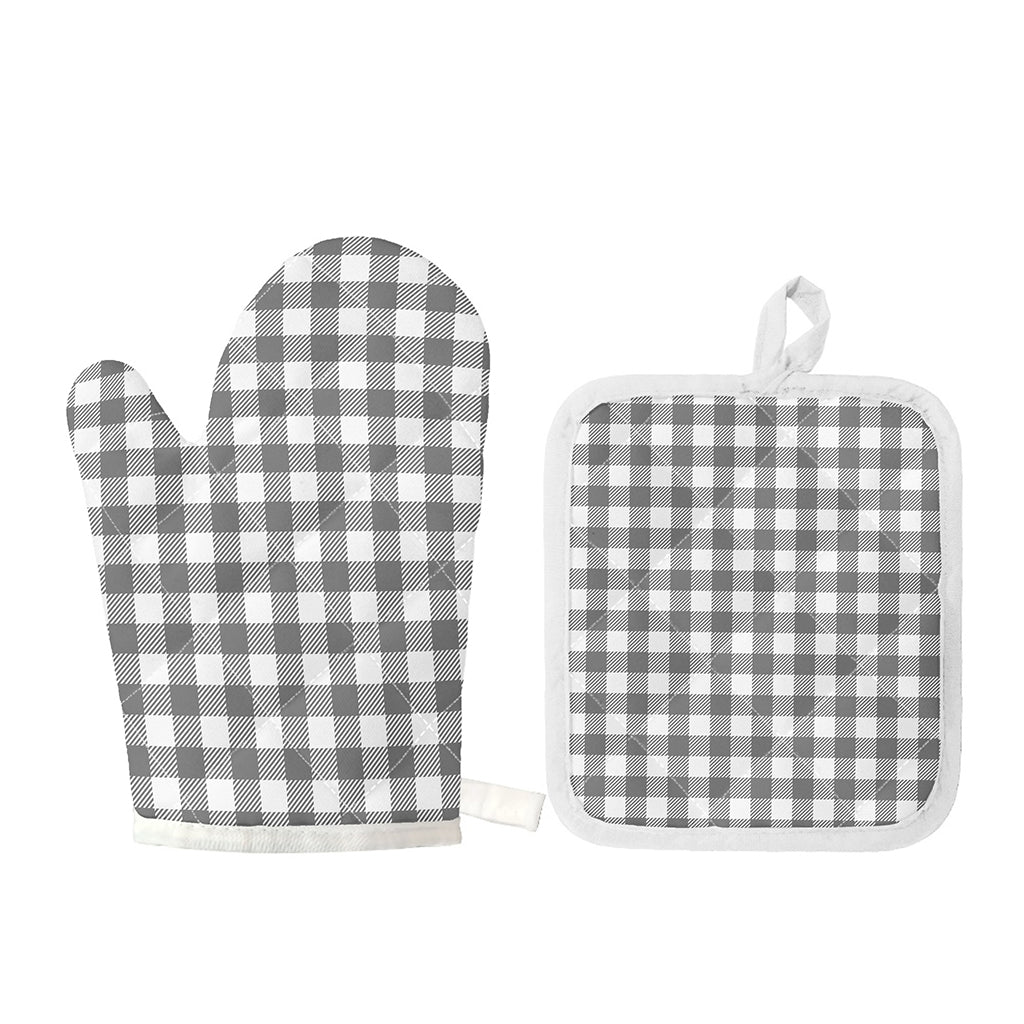 Grey And White Gingham Pattern Print Oven Mitt And Pot Holder Set