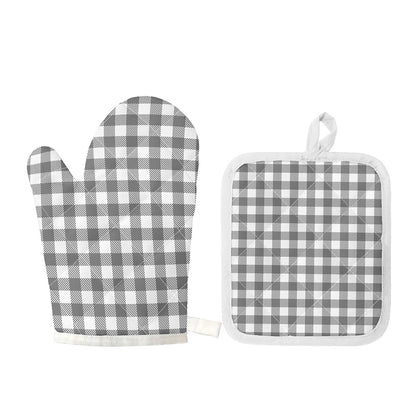 Grey And White Gingham Pattern Print Oven Mitt And Pot Holder Set