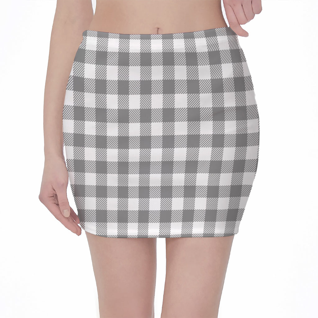 Grey And White Gingham Pattern Print Pencil Mini Skirt
