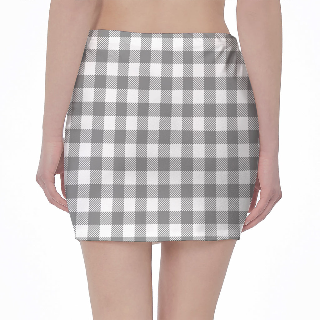 Grey And White Gingham Pattern Print Pencil Mini Skirt