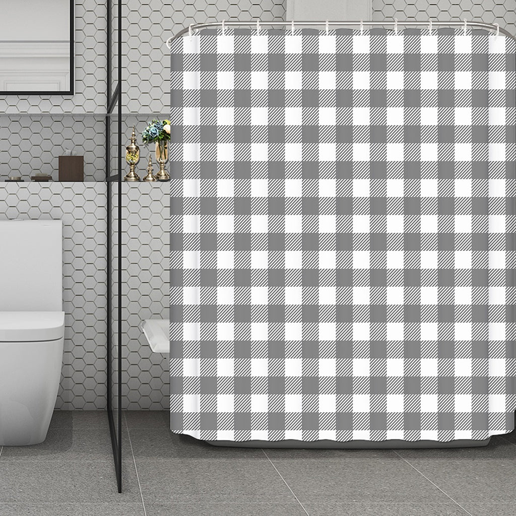 Grey And White Gingham Pattern Print Polyester Shower Curtain