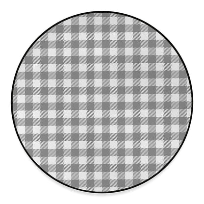 Grey And White Gingham Pattern Print Round Floor Mat