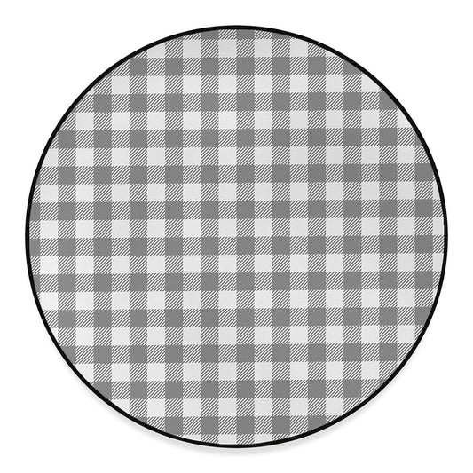 Grey And White Gingham Pattern Print Round Floor Mat