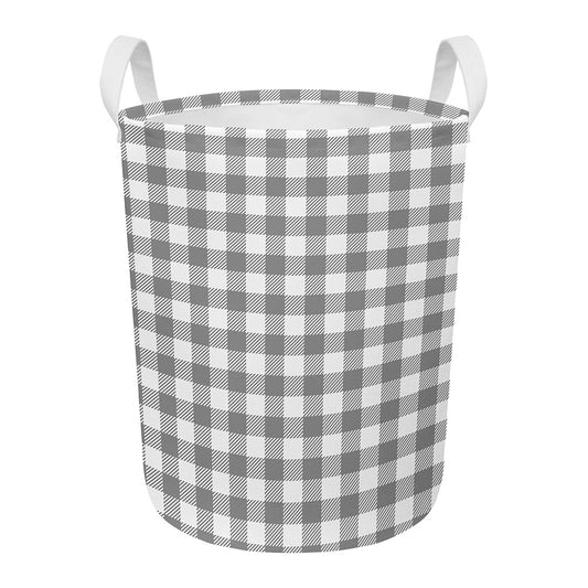 Grey And White Gingham Pattern Print Round Laundry Basket
