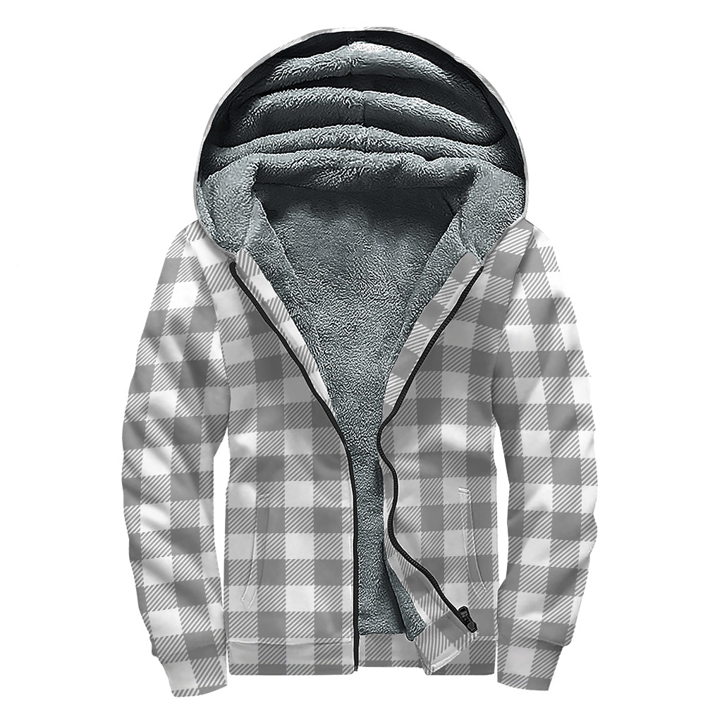 Grey And White Gingham Pattern Print Sherpa Lined Zip Up Hoodie