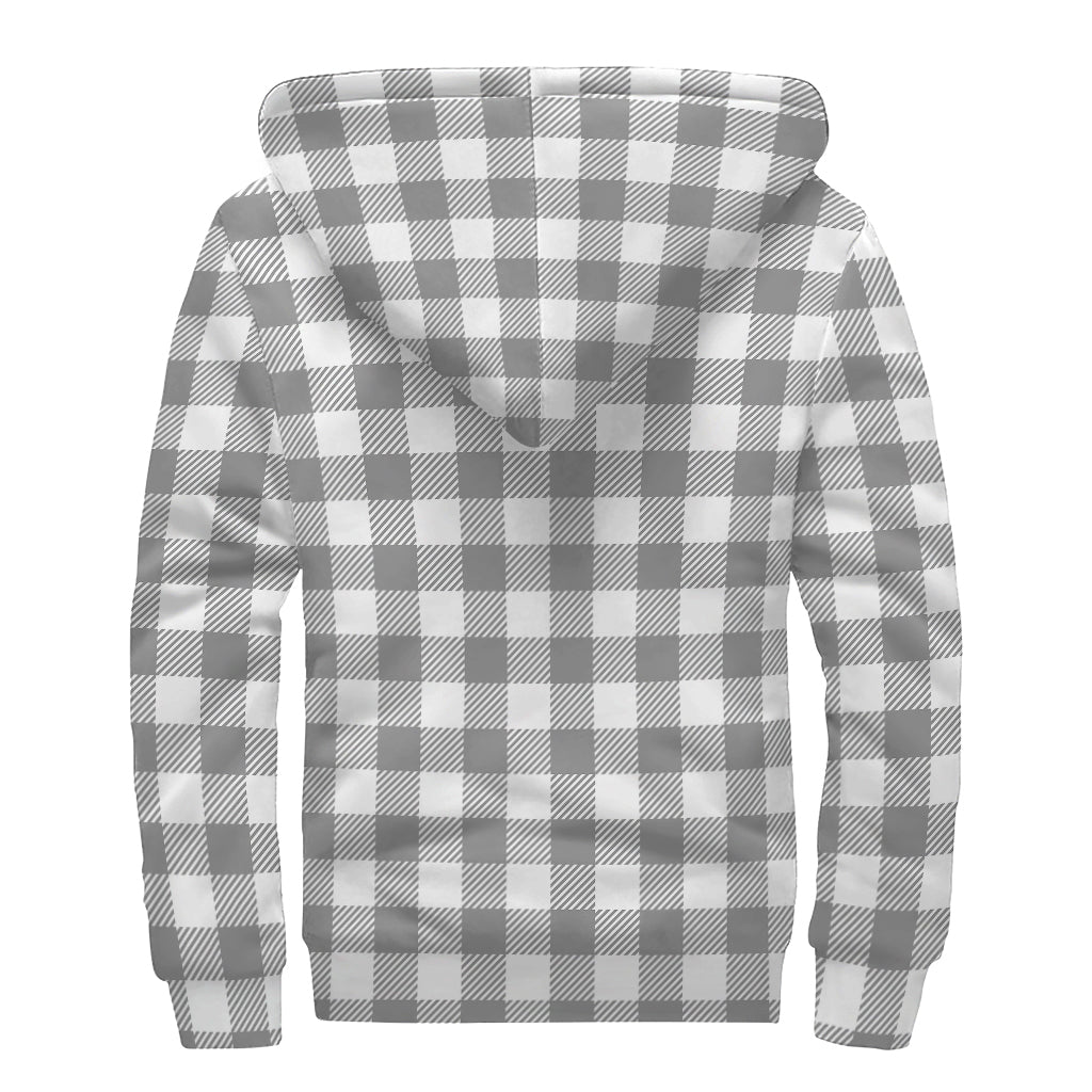 Grey And White Gingham Pattern Print Sherpa Lined Zip Up Hoodie