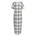 Grey And White Gingham Pattern Print Short Sleeve Long Nightdress