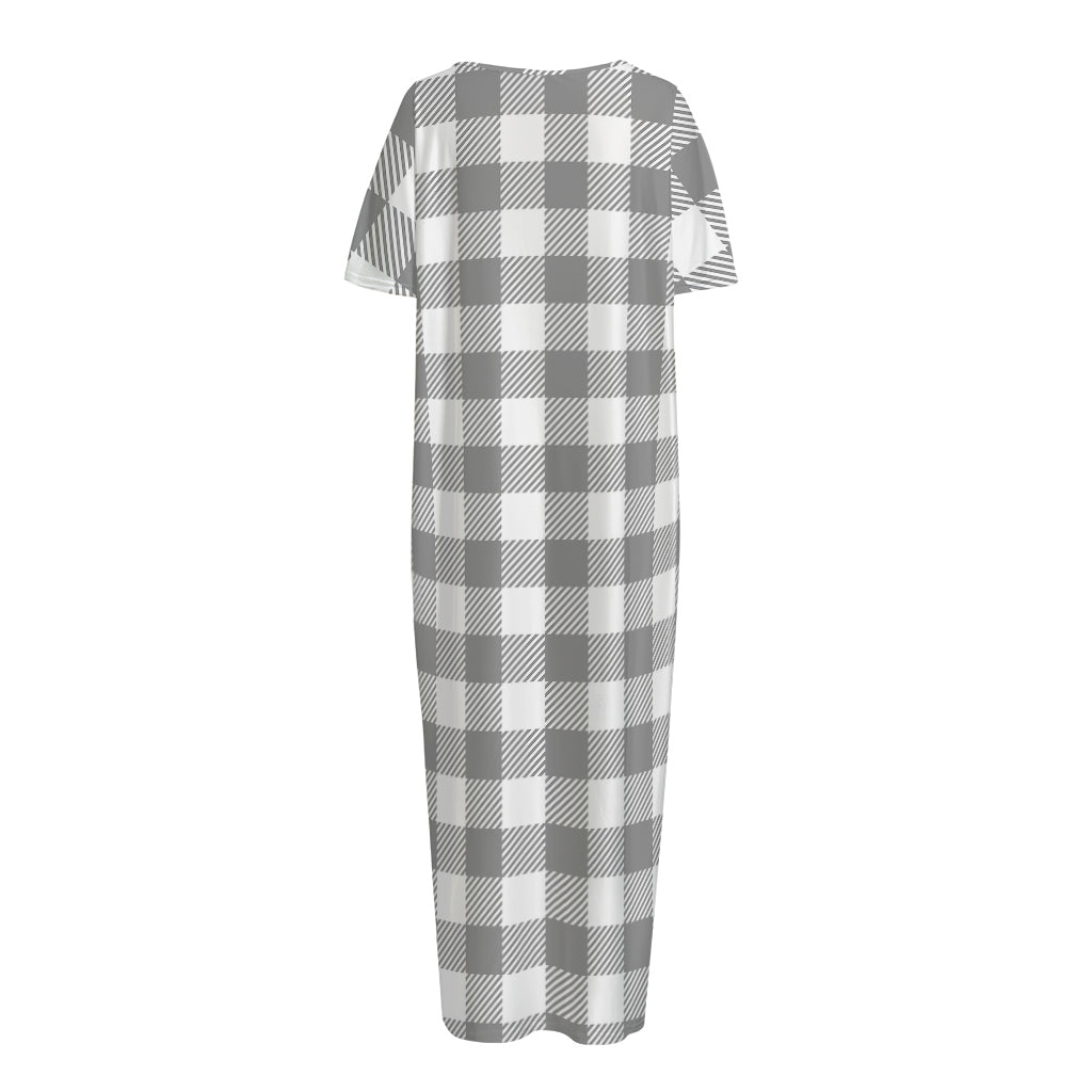 Grey And White Gingham Pattern Print Short Sleeve Long Nightdress