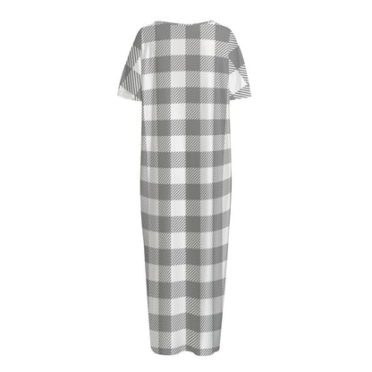 Grey And White Gingham Pattern Print Short Sleeve Long Nightdress