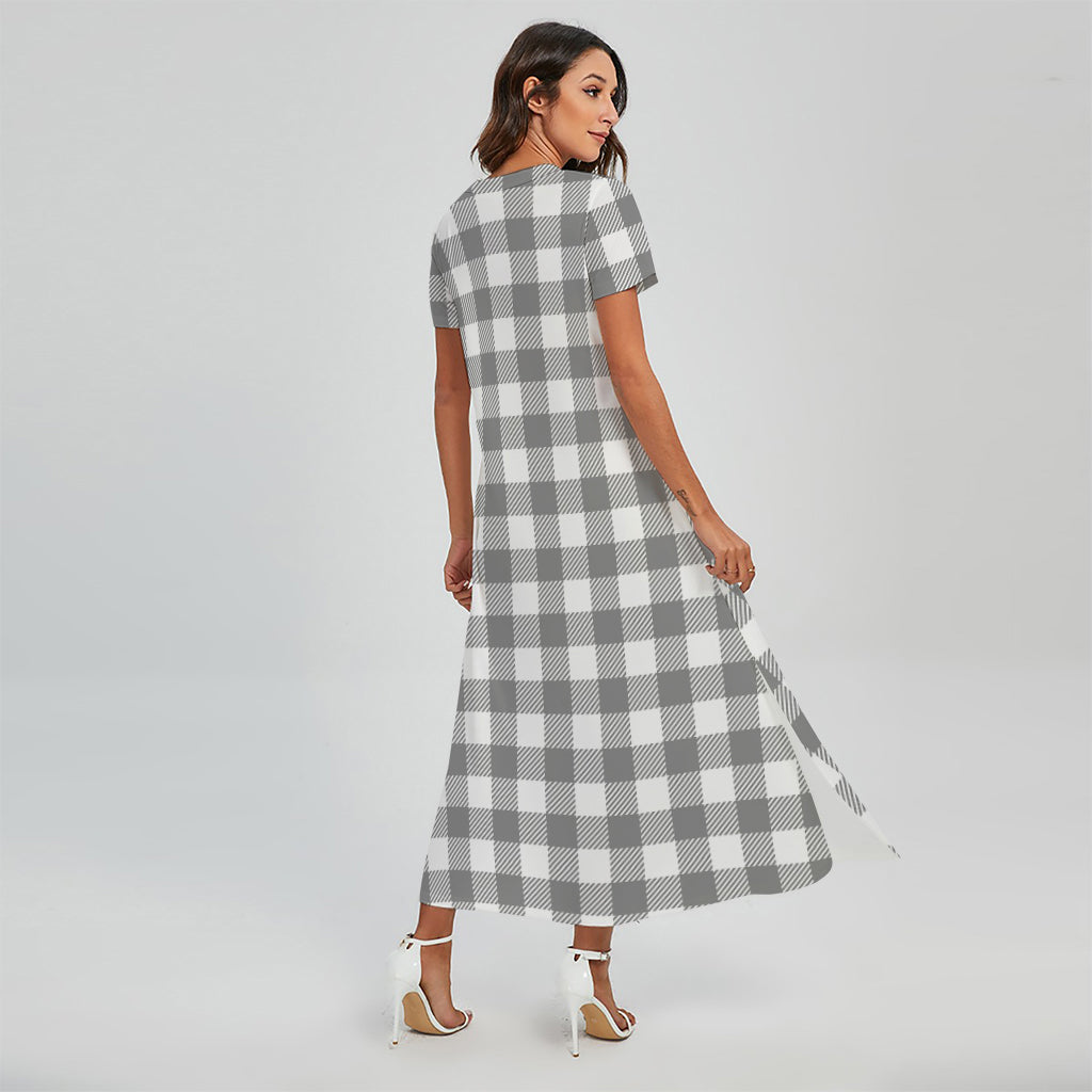 Grey And White Gingham Pattern Print Short Sleeve Maxi Dress