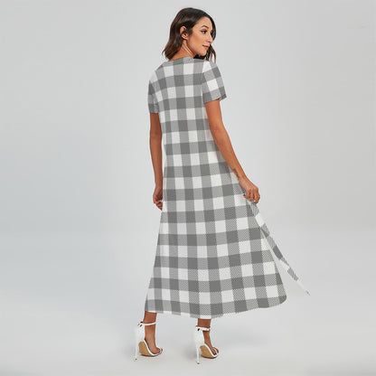 Grey And White Gingham Pattern Print Short Sleeve Maxi Dress