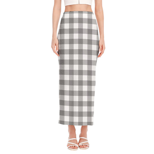 Grey And White Gingham Pattern Print Side Slit Maxi Skirt