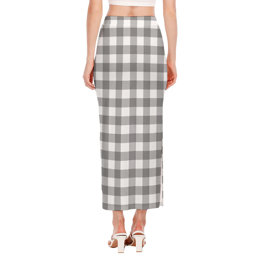 Grey And White Gingham Pattern Print Side Slit Maxi Skirt
