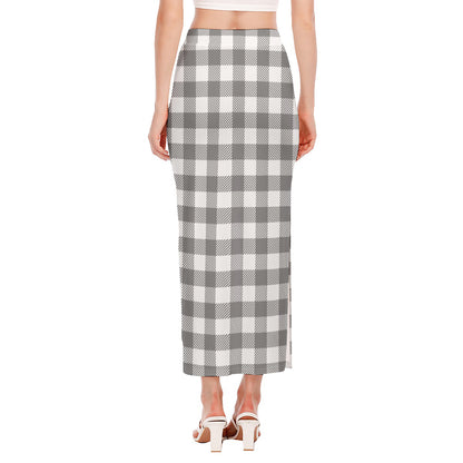 Grey And White Gingham Pattern Print Side Slit Maxi Skirt